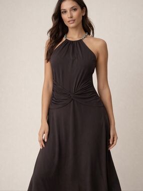 Bisou Bisou Brown  Halter Style Knot-Front Dress